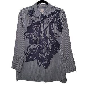 Chico's No Iron Tunic Blouse Navy White Stripe Floral Print Womens 8 Sz 1 Chic